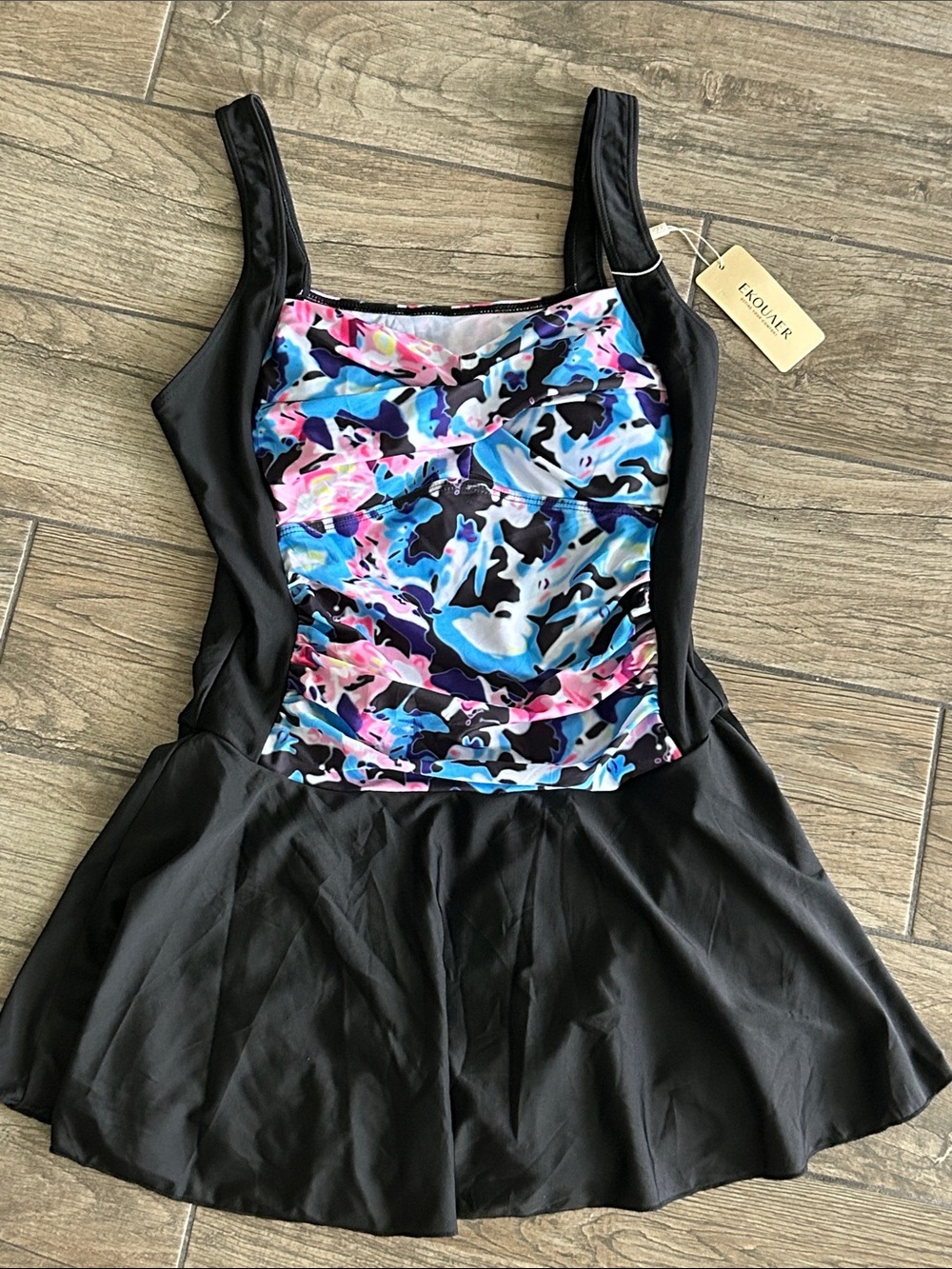 NWT..Black Swim Dress with Pink, Blue & White Abstract Bust Size L